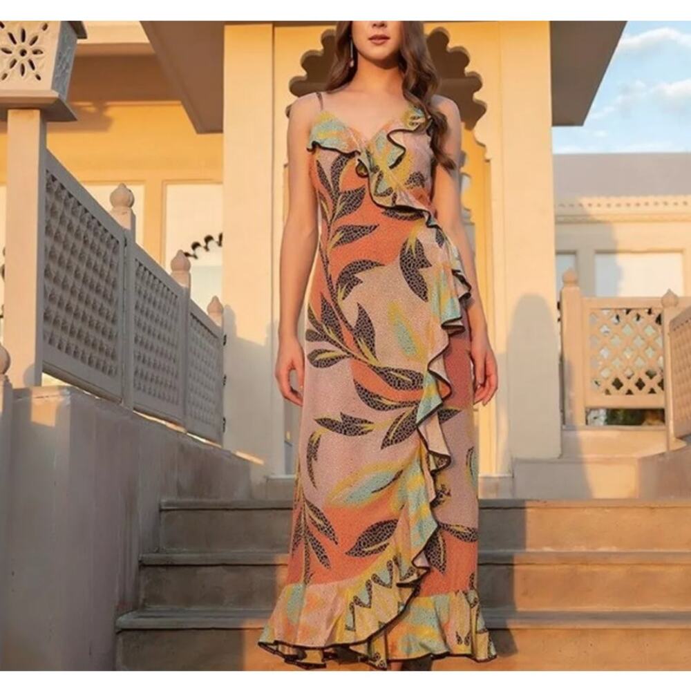 BHANUNI BY JYOTI Size 0 Dress Kathryn Midi Ruffled True Wrap Motif Print Elegant